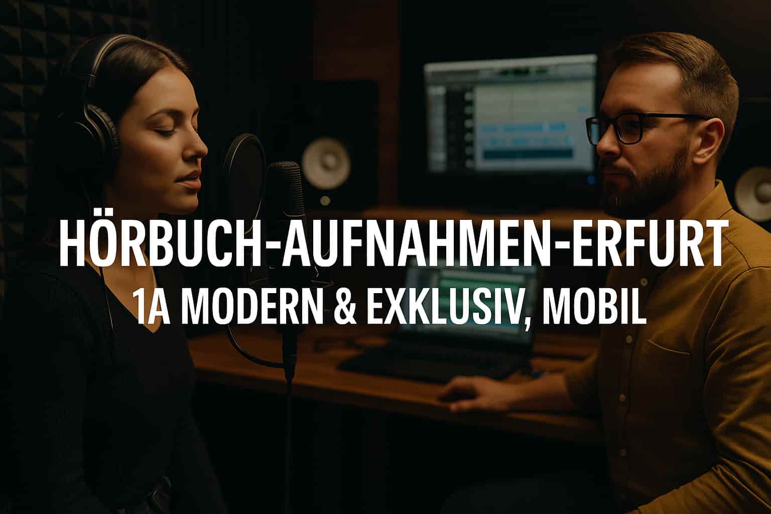 Hörbuch-Aufnahmen-Erfurt – 1A Modern & Exklusiv, mobil: Sprecherin am Mikrofon in Sprecherkabine, Tontechniker am Laptop, modernes Studio.